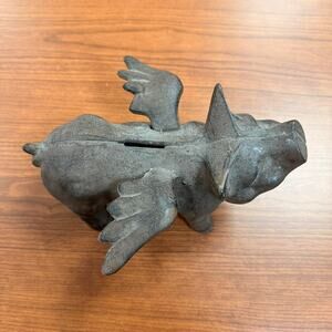 Vtg  Cast Iron When Pigs Fly Flying Piggy Bank Doorstop Rustic Decor ANGEL WINGS